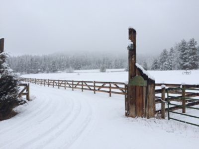 Gate to New Beginning Ranch in Winter