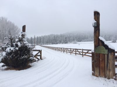 Gate and Roadway to New Beginning Ranch in Winter